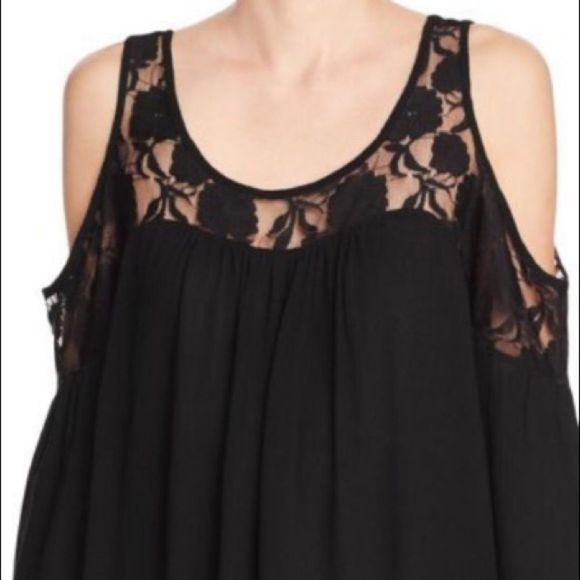 AQUA Black Lace Trim Cold Shoulder Top - Picture 2 of 7